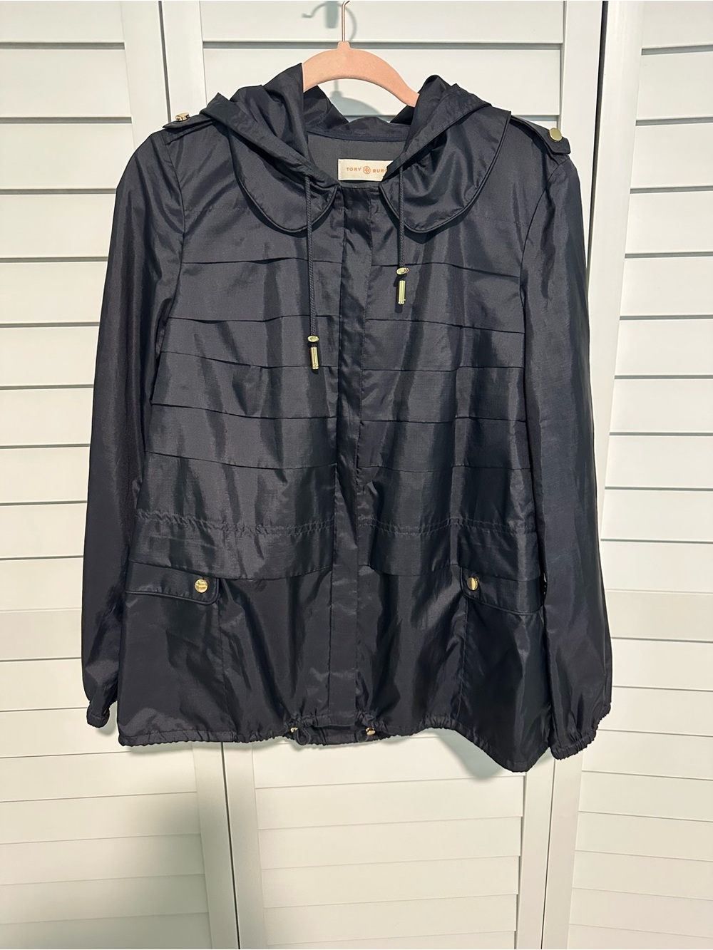 Tory Burch Navy Hooded windbreaker Jacket with Gold Hardware
